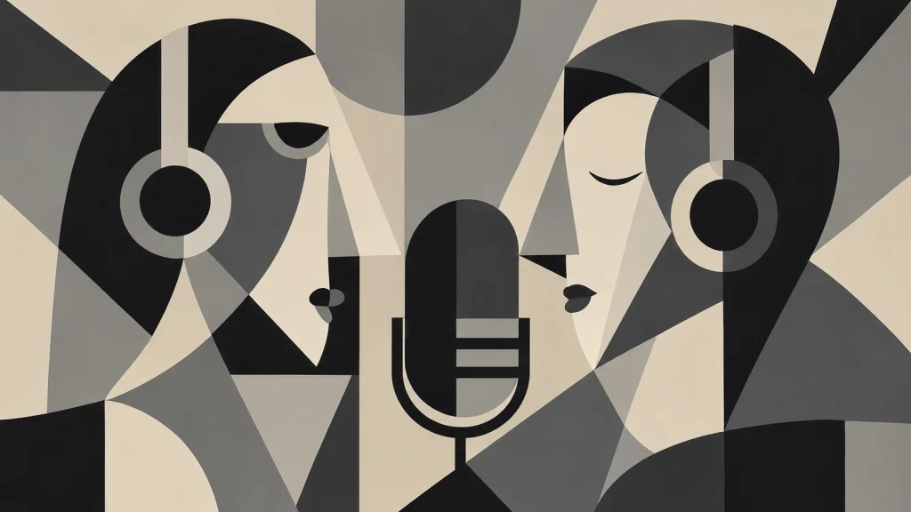 Abstract illustration of two podcasters wearing headphones and speaking into a studio microphone