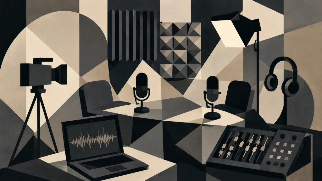 Abstract illustration of a professional podcast studio setup with microphones, cameras, lighting, acoustic treatment, and mixing equipment